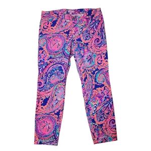 Lilly Pulitzer Kelly Pants 16 Pink Blue Paisley Stretch Slim Fit Vibrant Print